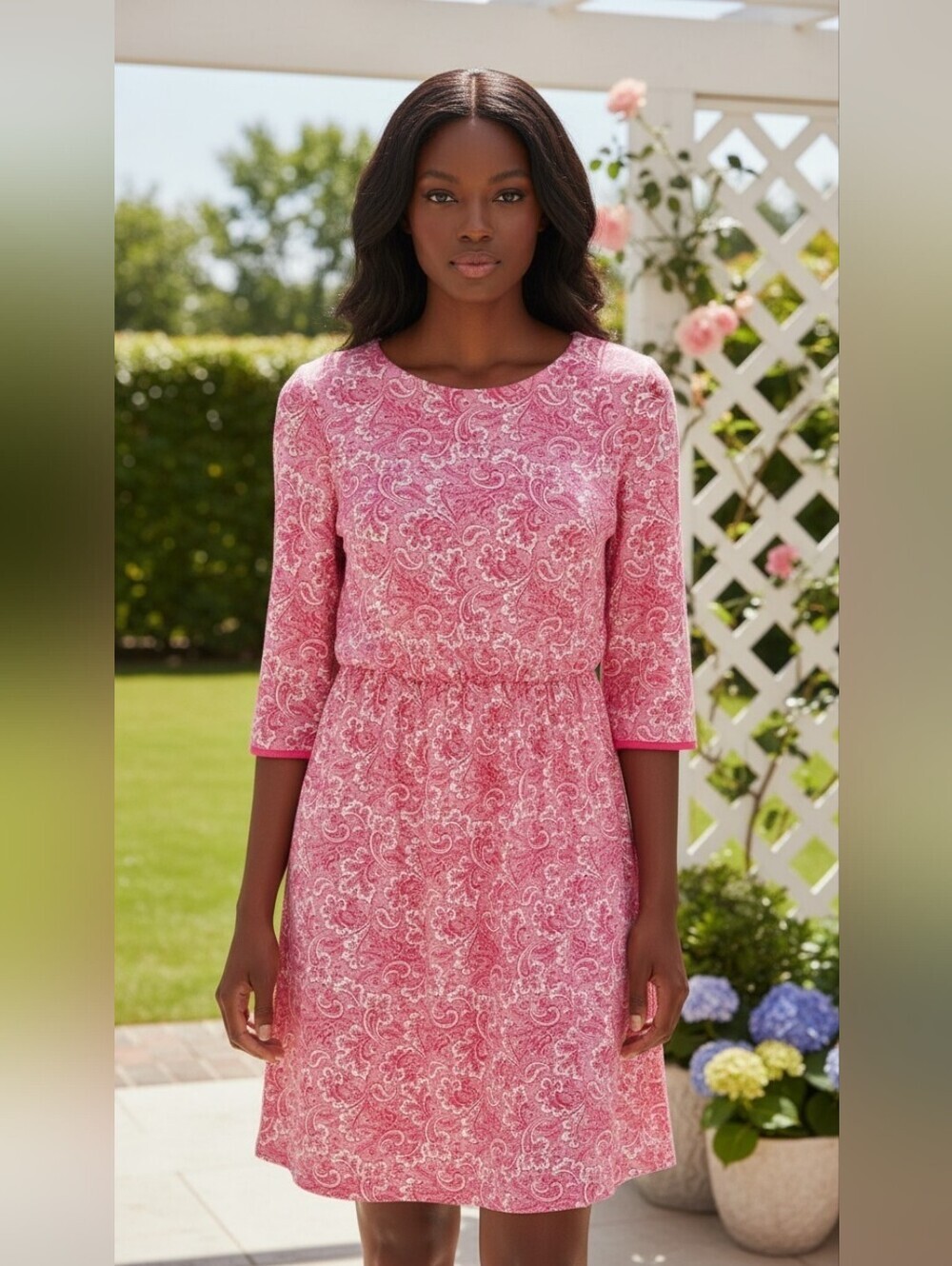 Boden Red Paisley Fit & Flare Dress 3/4 Sleeve Jersey Stretch Women’s